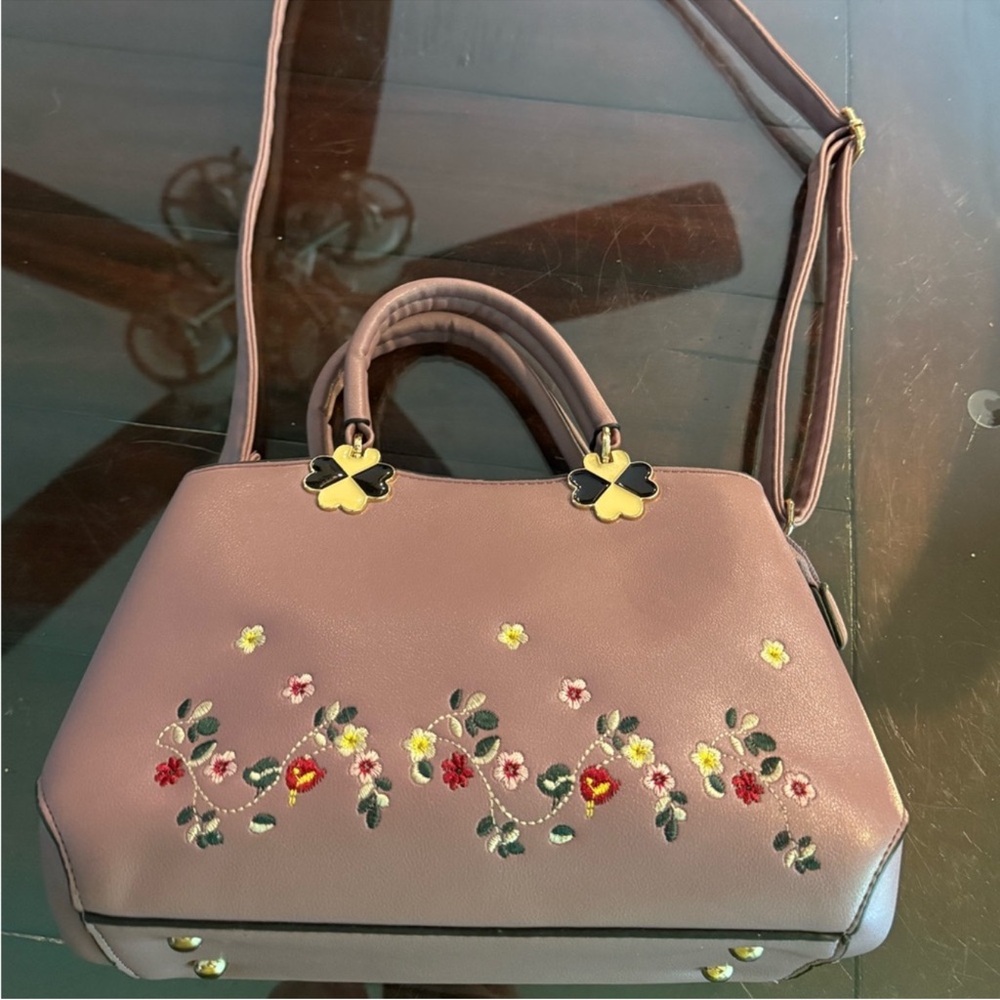 Floral Embroidered Handbag - Purple